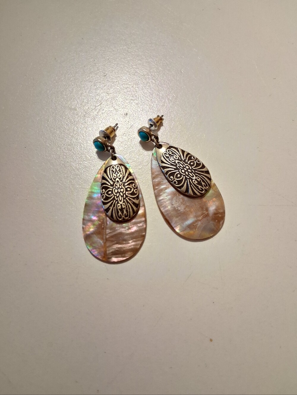 Mother-of-Pearl Teardrop Dangle Earrings with Turquoise Accent